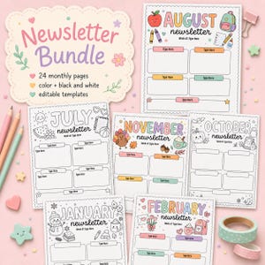 May include: A digital newsletter bundle featuring 24 monthly editable templates. The collection includes colorful and black and white pages for August, July, November, October, January, and February, decorated with seasonal icons and text boxes.