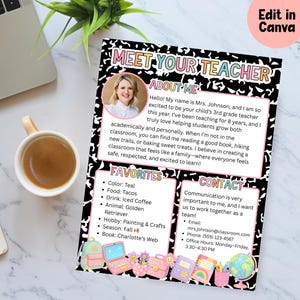 May include: A teacher introduction sheet with the text "Meet Your Teacher" and "About Me." The sheet includes a photo, favorite things, and contact information. The background is black and white with a notebook paper design.