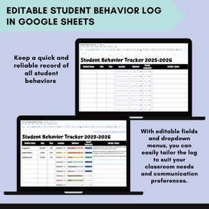 Peut inclure: Deux ordinateurs portables affichent un suivi du comportement des élèves dans Google Sheets. Le texte indique "Journal de comportement étudiant modifiable dans Google Sheets". Le suivi comprend des champs pour le nom de l'élève, la date, l'heure, le lieu, le comportement, le contact des parents et les détails.
