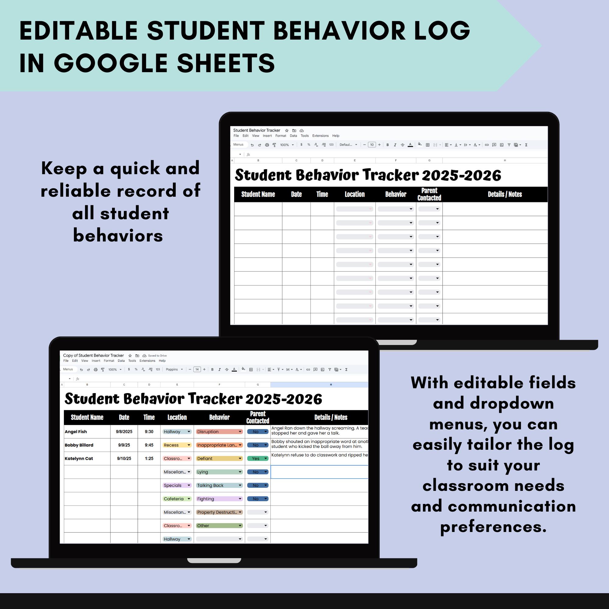 Digital Student Behavior Tracker Log for Teacher Google Sheets Behavior ...