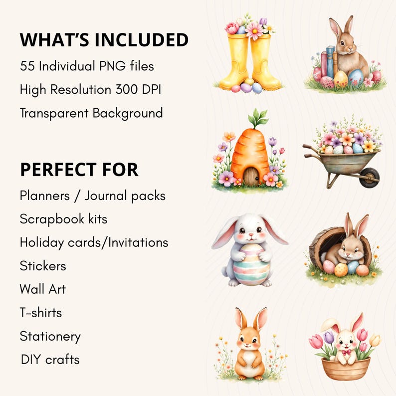 Easter Bunny Clipart Bundle PNG, Cute Spring Watercolor Bunnies Clipart ...