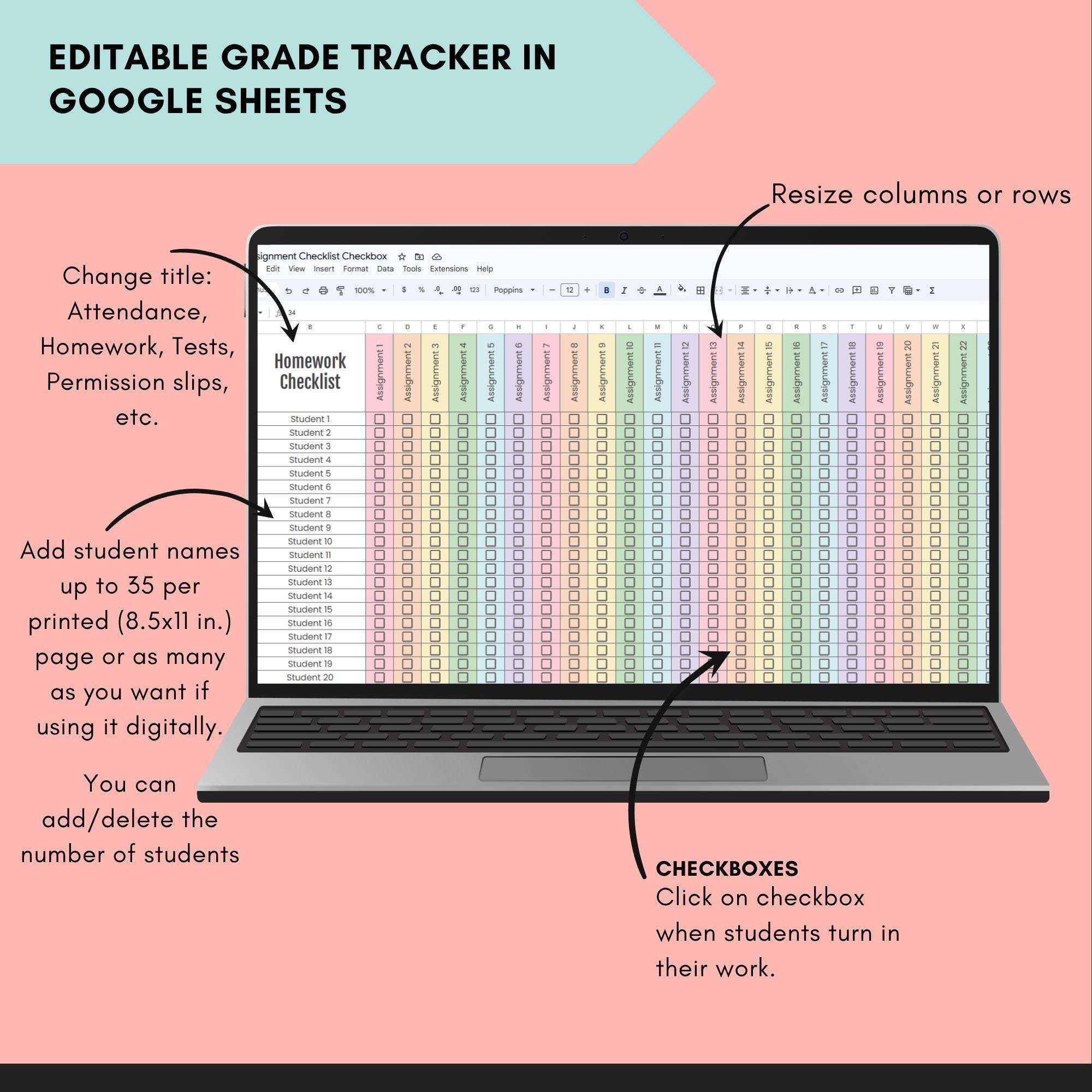 Editable Google Sheets Student Grade Checklist Chart Digital Student ...