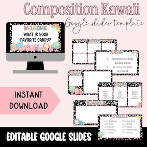 Puede incluir: Una plantilla digital de Google Slides de Composition Kawaii con una pantalla de ordenador que muestra "Bienvenido, ¿Cuál es tu dulce favorito?" y otras diapositivas para la agenda, los grupos y el horario. Incluye el texto "Descarga instantánea".