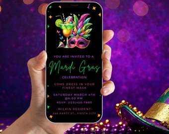 May include: A Mardi Gras party invitation on a smartphone screen. The invitation features a colorful mask, a cocktail, and the text "You are invited to a Mardi Gras Celebration. Come dress in your finest mask. Saturday March 4th @ 6:00 PM. RSVP: (123)456-7890 -Wilkin Resident- 246 Party St., Fiesta City."
