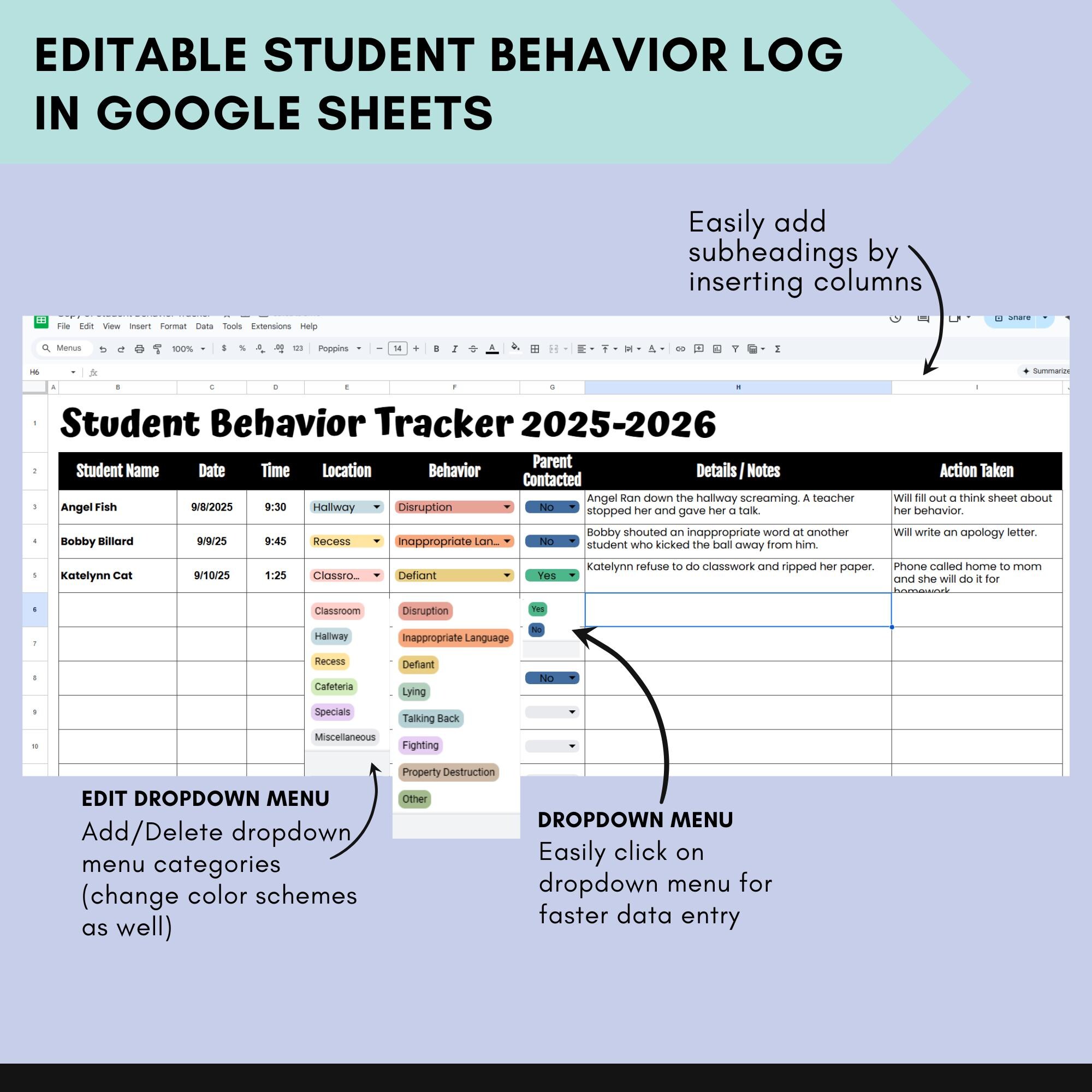 Digital Student Behavior Tracker Log for Teacher Google Sheets Behavior ...