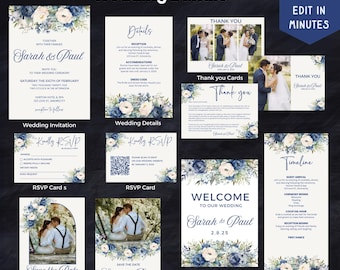 Bruiloft uitnodiging briefpapier bundel set aanpassen bewerkbare sjabloon marineblauw roze blos bloemen bruiloft digitale download uitnodiging