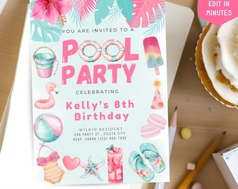 Hawaiian Luau Pool Party Invitation Template: Editable Tropical Birthday Evite (Digital Download 5x7in