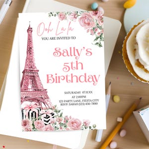 Editable Paris Birthday Themed Invitation Template, Paris French Eiffel Tower Birthday Party Invitation Oh La La Pink Floral girl invitation