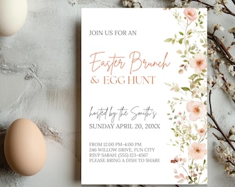 May include: A white invitation card with a floral border. The text reads "Join us for an Easter Brunch & Egg Hunt hosted by the Smith's Sunday April 20, 20XX. From 12:00 PM-4:00 PM 246 Willow Drive, Fun City RSVP Sarah: (555) 123-4567 Please bring a dish to share."