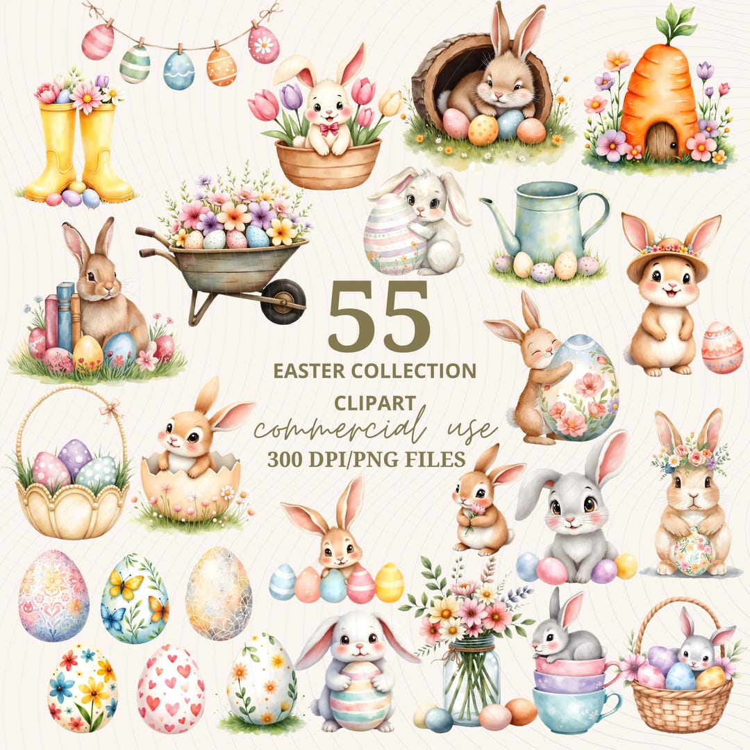 Easter Bunny Clipart Bundle PNG, Cute Spring Watercolor Bunnies Clipart ...