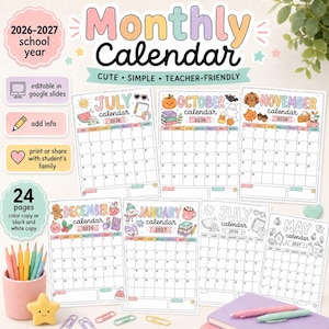 May include: A 2026-2027 school year monthly calendar set featuring colorful, illustrated pages for each month. The printable pages include July, October, November, December, January, and May, with space for notes and editable Google Slides options.