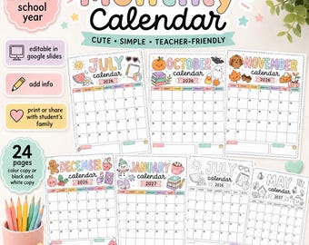 Pode incluir: Um conjunto de calendários mensais para o ano letivo 2026-2027 com páginas ilustradas e coloridas para cada mês. As páginas imprimíveis incluem julho, outubro, novembro, dezembro, janeiro e maio, com espaço para notas e Google Slides.