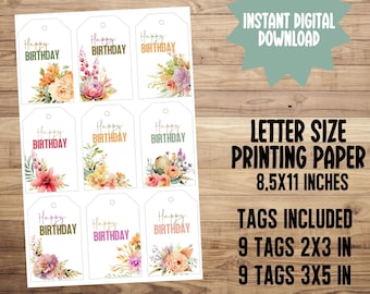 Printable Birthday Tag, Instant download printable Birthday tag, Watercolor floral birthday tag, Mom Friend sister happy birthday gift tag