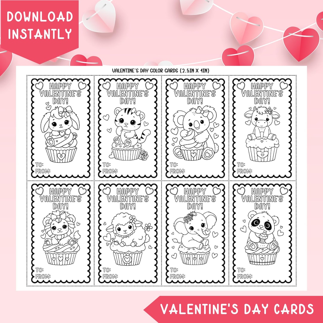 Valentine's Day Coloring Cards for Kids Printable Valentines, Classroom ...