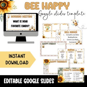 Può includere: Una raccolta di modelli di Google Slides a tema "Bee Happy". I modelli includono diapositive per riunioni mattutine, campanelli, centri e ordini del giorno giornalieri. Il design presenta girasoli, api e una tavolozza di colori neutri.