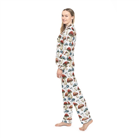 Women s Satin Pajamas AOP Mushroom design pattern All over print top and bottom pyjamas
