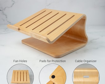 Wood Laptop Stand in Walnut & Natural Bamboo Finish, 11-Inch Wide Ergonomic Slanted Laptop Riser, 3-Inch High, Desk Organizer