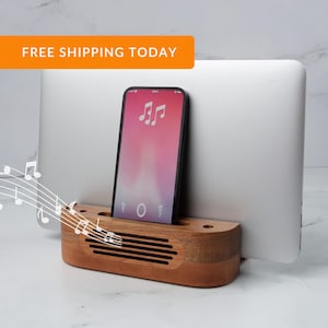 Adjustable Vertical Wood Laptop Stand with Natural Speakers, ipad Holder, Laptop Holder, iPhone Holder, Premium Walnut & Birch Wood Design