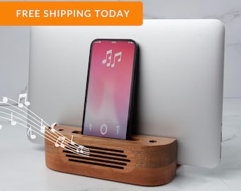 Adjustable Vertical Wood Laptop Stand with Natural Speakers, ipad Holder, Laptop Holder, iPhone Holder, Premium Walnut & Birch Wood Design