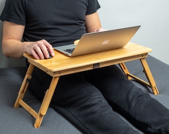 Wood Lap Desk, Foldable Laptop Stand, Breakfast Serving Tray, Laptop Bed Tray, Adjustable Legs Laptop Table, Portable Storage Drawers Desk