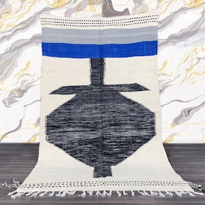 Modern Kilim rug, Handmade woolen Area Carpet, Black And white Moroccan Carpets.