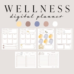 May include: A digital planner with a watercolor theme. The planner includes weekly and daily pages with sections for goals, self-care, and personal notes. The text "WELLNESS digital planner" is at the top of the image.