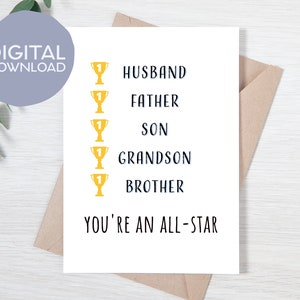 Carte de fête des pères meilleur mari, père fils, petit-fils, frère All-Star | Téléchargement instantané | 5x7 Fête des pères de la fille, du fils, de la femme