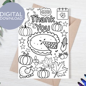 Druckbare Herbst Thanksgiving Pie, Kürbis, Truthahn Ausmalkarte | Sofort Download | Danke Printable | 5x7 Malvorlage Danksagung zum Ausmalen