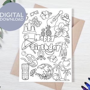 Printable Hawaii Island Aloha Beach Theme Birthday Party Coloring Card | Instant Download | Happy Bday Printable | 5x7 Coloring Card for Kid