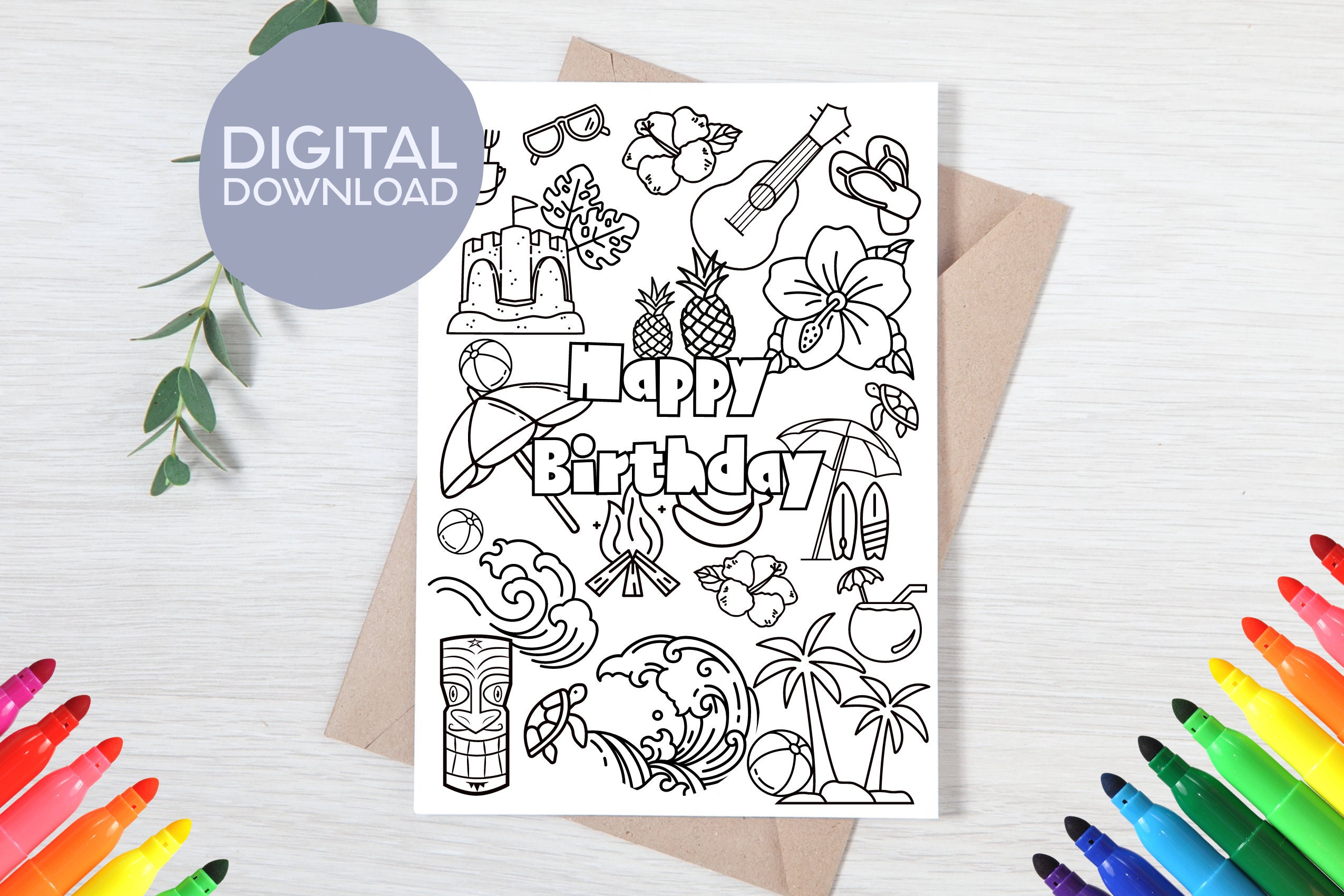 Printable Hawaii Island Aloha Beach Theme Birthday Party Coloring Card ...