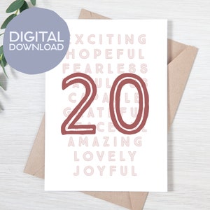 Cartão de aniversário de 20 anos imprimível | Download Digital Instantâneo | Cartão imprimível feliz do 20o aniversário de <br> Entrega Rápida? Cartão comemorativo dos anos 20 5x7 para filha, filho