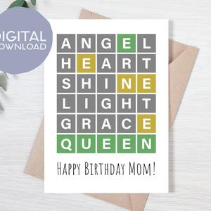Carte d'anniversaire imprimable sur le thème Wordle pour maman | Téléchargement instantané | Carte imprimable de jeu tendance | 5x7 Célébrez Maman Amour Fille, Fils