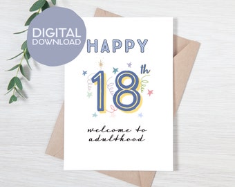 Printable 18th Birthday Card | Instant Download | Welcome to Adulthood 18 Birthday Printable Card | 5x7 Age Greeting Card for Son, Daughter