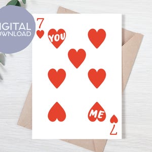 Tarjeta de aniversario imprimible "Siete de Corazones" para esposo y esposa: "¡Soy muy afortunado!" / Descarga instantánea / Dulce tarjeta imprimible de San Valentín / Tarjeta de 5x7 para ella