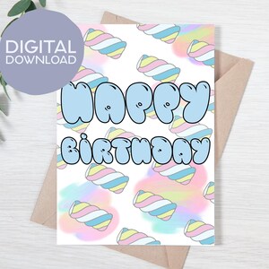 Afdrukbare Y2K Marshmallow Candy holografische verjaardagskaart | Digitale verjaardagskaart Y2K-bubbel retrotekst verjaardag | Direct downloaden | Kaart van 5 x 7 voor een vriend