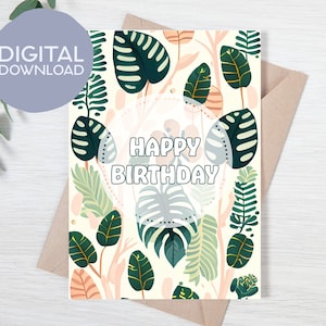 Mid-Century Geburtstagskarte mit Monstera-Muster zum Ausdrucken | Sofortiger digitaler Download | schickes Bday druckbare | 5x7 Grußkarte für Freund