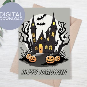 Carte imprimable RIP Spooky Haunted House Attention Happy Halloween | Téléchargement numérique instantané | Carte d’Halloween 5x7 pour collègue, amis, enfants