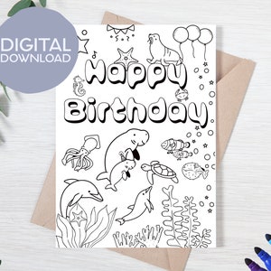 Carte à colorier imprimable Under the Sea Ocean pour la fête d'anniversaire | Téléchargement instantané | Joyeux anniversaire à imprimer | Carte de voeux à colorier 5 x 7 pour enfants