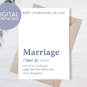 Druckbare lustige Karte Hochzeit Definition Jahrestag | Ehe Insider Witz Digitale Karte | Sofortdownload | 5x7 Gruß für Mann, Frau