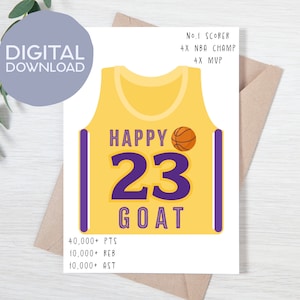 d'anniversaire imprimable Happy 23 LeBron James Jersey | Téléchargement instantané | Carte numérique LBJ Goat Stats de la star du basket-ball | Carte de fan des Lakers 5 x 7