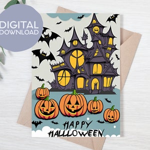 May include: A Halloween greeting card with a spooky house, bats, and pumpkins. The card reads "Happy Halloween".