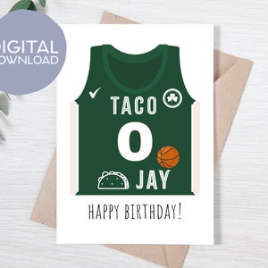 Printable Jayson Tatum Jersey Taco Jay Happy Birthday Card | Instant Download | Boston Celtics NBA | 5x7 Digital Greeting Card for Tatum Fan
