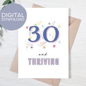 Printable 30th Birthday Card | Instant Download | 30 and Thriving Birthday Printable Card | 5x7 Age Greeting Card for Friend, Son, Daughter