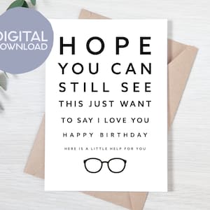 Tarjeta de cumpleaños divertida con tabla optométrica imprimible / Descarga instantánea / Tarjeta imprimible con chiste de cumpleaños / Tarjeta de felicitación de 5x7 para padres y abuelos