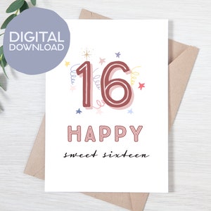 Afdrukbare Sweet 16 verjaardagskaart voor meisje | Direct downloaden | Speciale 16e verjaardag afdrukbare kaart | 5 x 7 wenskaart voor dochter, vriend