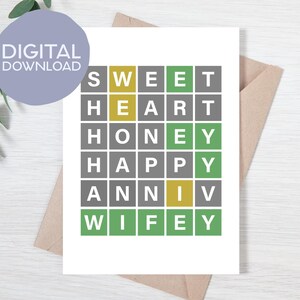 Carte d'anniversaire de femme mari adorable sur le thème Wordle | Téléchargement instantané | imprimable Tendance Game Anniv | Carte de voeux 5 x 7