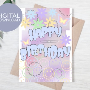 Druckbare Geburtstagskarte Y2K Vibes | Y2K Bubbles Smiley Schmetterling Bday Digitale Karte | Sofortdownload | 13x18 Karte für Freund