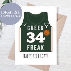 Druckbare Giannis Antetokounmpo Jersey Greek Freak alles Gute zum Geburtstagkarte | Sofortdownload | Milwaukee Bucks NBA | 13x18 Digitale Grußkarte