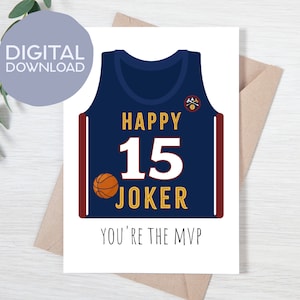Cartão de aniversário feliz imprimível do jérsei do palhaço de 15 | Download instantâneo | Basquete Denver Nuggets | Cartão digital 5x7 para fãs da NBA