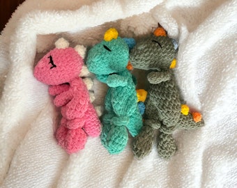 crochet dinosaur, dinosaur lovey, dino lovey, handmade lovey, snugger, baby gift